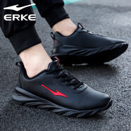 鴻星爾克男鞋軟底透氣運動鞋紅星新款男士秋冬輕便休閑鞋黑色跑步鞋子男款 黑紅4207 【皮面】 43