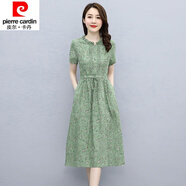 皮爾卡丹（pierre cardin）23年新款碎花棉麻連衣裙女夏收腰顯瘦遮肚氣質(zhì)中長(cháng)款裙子減齡短袖 綠色 XL 建議【116-126斤】
