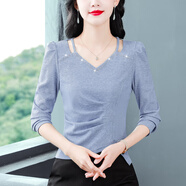 對蘭打底衫女裝秋冬新款時尚長袖氣質(zhì)減齡百搭輕職風(fēng)洋氣打底上衣T恤 淺藍色 2XL
