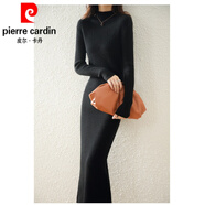 皮爾卡丹（pierre cardin）秋冬羊絨連衣裙過膝包臀加長(zhǎng)款針織打底毛衣裙女過膝緊身羊毛長(zhǎng)裙 黑色 XL