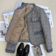 歌蕓藍色小香風羽絨棉服女冬季2025新款加厚流蘇內(nèi)膽充絨毛呢短外套女 霧霾藍 夾棉里布 M 建議95-108斤