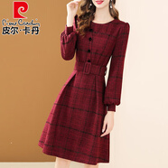 皮爾卡丹（pierre cardin）紅色毛呢格子新年連衣裙女2025春秋新款氣質(zhì)燈籠袖系帶修身a字裙 紅色 2XL