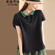 衣瑾帛社棉t恤女短袖寬松夏季翻領(lǐng)時(shí)尚T恤女休閑套頭衫百搭通勤工作服上衣 黑色 XL建議150斤以內(nèi)