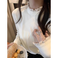 LDBE蕾絲邊半高領(lǐng)德絨打底衫女春季內(nèi)搭修身小眾設(shè)計(jì)感磨毛長袖上衣服 杏色 M