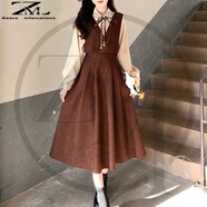 織迷假兩件長裙少女春秋冬裝2023新款學(xué)生寬松仙女森系連衣裙 【深棕色】 XL 建議110-120斤