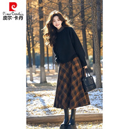 皮爾卡丹（pierre cardin）入冬搭配一整套2025新款小香風(fēng)名媛撞色毛衣格子半裙減齡套裝女裝 黑色上衣+格子半裙 XL (115-125斤內(nèi))