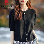 皮爾卡丹（pierre cardin）小香風(fēng)配裙|子短款針織衫五分袖薄毛衣t恤上衣珍珠扣中袖開衫 黑色 XL