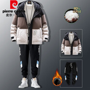 皮爾卡丹（pierre cardin）羽絨服男冬季新款白鴨絨防寒保暖男裝短款三防連帽外套大碼上衣服 612棕色+2001加絨褲 3XL