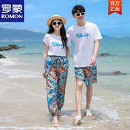 羅蒙（ROMON）三亞旅游穿搭沙灘情侶裝夏裝短袖t恤闊腿褲超仙蜜月度假海邊套裝 藍(lán)色長褲套裝 女L