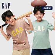 Gap男女童夏季LOGO純棉短袖T恤套裝兒童裝404362兩件裝 棕綠組合 120cm(XS)亞洲尺碼