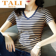 踏麗虹短袖t恤女V領(lǐng)條紋修身體恤女裝顯瘦2023夏季打底T恤女 藍杏條紋 M 建議80-95斤
