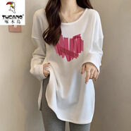啄木鳥(niǎo)大尺碼坑條螺紋t恤女長(zhǎng)袖春季韓版寬松衛(wèi)·衣中長(zhǎng)款打底衫內(nèi)搭上 氣質(zhì)白 【T01#拼貼紅心】 L 100-115斤