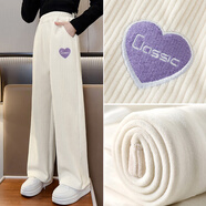 諾佳微淇女孩雪尼爾直筒闊腿褲春秋裝2025新款中大兒童冬季加絨加厚棉褲子 米色【加絨款】 150 碼