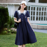 方糖姑娘少女連衣裙夏裝2025新款學(xué)院風(fēng)初高中學(xué)生洋氣寬松polo裙夏季大童 7050DYR藏青色連衣裙 2XL（140-160斤）