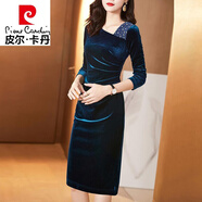 皮爾卡丹晚禮服金絲絨連衣裙女秋冬新款高貴洋氣時(shí)尚長(zhǎng)裙加絨加厚包臀裙子 富貴藍(lán)【不加絨】 XL 建議100-120斤