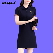 WABAOLI 運動(dòng)休閑短袖polo領(lǐng)連衣裙女短款2024夏季新款修身顯瘦t恤裙子潮 藍色 L字 2XL (建議120-129斤)