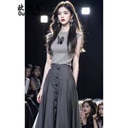 歐迪惠（Oudihui）2025年新款名媛法式連衣裙女裝夏季小洋裝無袖上衣半身裙子女套裝 灰色套裝 L