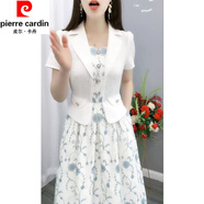 皮爾卡丹（pierre cardin）假兩件碎花西裝桑蠶絲連衣裙女夏季新款媽媽裝洋氣提花收腰顯瘦裙 白色 XL 110-120斤