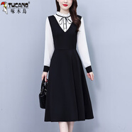 啄木鳥(niǎo)（TUCANO）長(cháng)袖連衣裙時(shí)尚氣質(zhì)收腰假兩件套中長(cháng)款大尺碼女裝胖m妹春秋新款 M 建議80-100斤 黑色