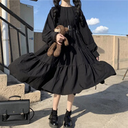 Baldauren12女大童連衣裙13初中學生16胖女孩學院風日系方領(lǐng)夏季寬松18少女 黑色連衣裙+背帶 春秋款 160 (L) 【建議105-115斤】