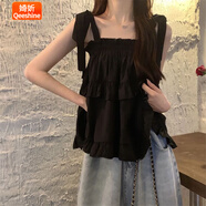 婍妡（Qeeshine）木耳邊蝴蝶結(jié)綁帶吊帶背心女內(nèi)搭寬松無袖短款蛋糕上衣外穿設(shè)計感 黑色 S 建議95斤以內(nèi)