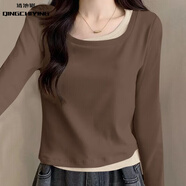 清池影（QINGCHIYING）小個(gè)子長(cháng)袖T恤女正肩高腰秋冬爆款方領(lǐng)假兩件百搭潮流上衣女 5099咖色 2XL 【120-130斤】