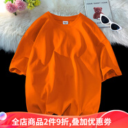 侯七爺重磅純棉短袖t恤男春夏季新款純色不透男女情侶體恤寬松上衣 桔紅色 5XL