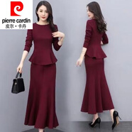 皮爾卡丹（pierre cardin）23年新款兩件套裙裝感女裝氣質(zhì)名媛時(shí)尚早秋顯瘦魚(yú)尾裙套裝潮 酒紅色 .【兩件套】 XL 超顯瘦【115-130斤】