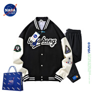 NASALIKE官方外套秋冬季美式毛巾繡棒球服男女情侶撞色拼接飛行員男士夾克 字母黑色+1535黑色 6XL （建議200-230斤）