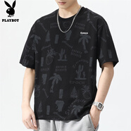 花花公子（PLAYBOY）短袖T恤男士夏季寬松上衣服潮流時尚休閑涼感半袖印花體恤