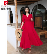 皮爾卡丹雪紡長(cháng)款氣質(zhì)連衣裙韓版拍照顯瘦紅色沙灘裙茶卡鹽湖旅游飄逸長(cháng)裙 紅色 S