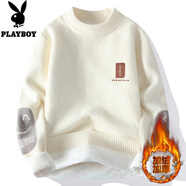 花花公子（PLAYBOY）襯衫領(lǐng)毛衣男秋冬款加絨加厚假兩件針織衫男寬松休閑內搭毛線(xiàn)衣服 R691米白色加絨 2XL