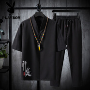 花花公子（PLAYBOY）亞麻套裝男款冰絲短袖t恤中式男裝中國風唐裝年輕棉麻爸爸裝 TZ023黑色 2XL 適合135至150斤