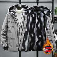 皮爾·皮德棉服男保暖冬季外套男青少年棉衣男學(xué)生加絨加厚棉襖胖子大碼男裝 灰色無(wú)圖加絨 XL