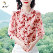啄木鳥冰絲襯衫女高檔時(shí)尚2025夏季新款寬松洋氣襯衣碎花減齡雪紡小衫 紅色 L【建議100-110斤】