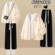 嘉綢青少女初中生套裝女秋冬款女大童12-15歲秋季學(xué)生初女孩外套寬松 杏色+黑色庫套裝 150 S（70-85斤）