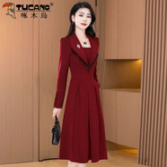啄木鳥輕夫格假兩件禮服裙2025秋季新款中國風喜宴加厚中長款連衣裙 紅色 L 建議105-115斤