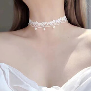 翡宇 女款蕾絲項鏈 薄紗珍珠頸鏈 黑色鎖骨鏈 復古風choker頸帶配飾 白色花邊蕾絲珍珠項鏈