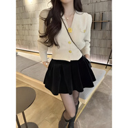 阿瑪瑟（amase）秋冬小香風(fēng)連衣裙套裝女短款針織開(kāi)衫毛衣絲絨半身裙小個(gè)子一整套 白色毛衣+黑色短裙 沒(méi)有口袋 S