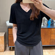 妃麗慕尚大碼女裝正肩V領(lǐng)短袖t恤女夏季弧形下擺微胖mm寬松遮肚純色上衣潮 150黑色 2XL 建議130-150斤