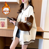 MXQP學(xué)院風(fēng)棒球服外套女2025秋冬新款韓版寬松休閑衛(wèi)衣百搭撞色上衣潮 79685白色加絨 XL 【130-150斤】