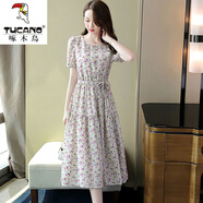 啄木鳥(niǎo)碎花雪紡冰絲連衣裙女2025年新款夏季中長(cháng)款遮肚顯瘦圓領(lǐng)套頭A字 蘭花 XL 建議115-125斤