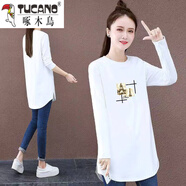 啄木鳥(niǎo)棉長(cháng)袖T恤女2025春秋季新款韓版中長(cháng)款寬松設計感小眾t恤 金字塔-白色 M 建議80-100斤內