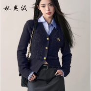 妃奧絨學(xué)院風(fēng)V領(lǐng)修身毛衣開(kāi)衫秋冬季LOGO刺繡內搭針織衫女短款小外套 藏青 XL