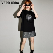 VEROMODA2024早春新款復(fù)古時(shí)髦純棉亮片裝飾短袖上衣T恤女短袖女 黑色-A L