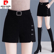 皮爾卡丹（pierre cardin）23年新款毛呢短褲女秋冬新款時(shí)尚高腰寬松顯瘦黑色平絨外穿開叉靴 黑色 L28建議105-115