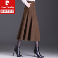 皮爾卡丹（pierre cardin）半身裙女2023新款毛呢秋冬高腰傘裙中長款A字大擺裙百搭顯瘦長裙 咖啡色 L 建議100-115斤