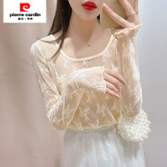 皮爾卡丹（pierre cardin）透明雷絲上衣女蕾絲打底衫毛衣內搭透視網(wǎng)紗長(cháng)袖黑色薄沙鏤空紗衣 奶油杏 【升級版好面料】 M 建議90-99斤