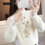 WNBR仿水貂絨毛衣女2024秋冬新款加絨保暖寬松半高領(lǐng)刺繡針織打底衫 白色 M建議95-110斤