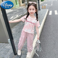 迪士尼女童春裝套裝2025新款時(shí)髦洋氣套裝春秋冬兩件套女寶寶工裝套夏款 粉色純棉工裝褲套裝 130cm